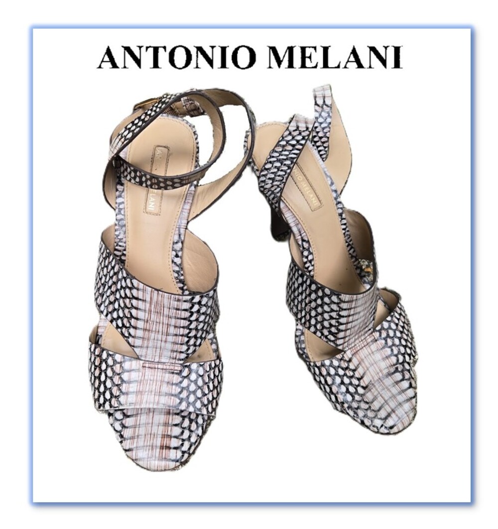 Antonio Melani Snake Python Print Ankle Strap Open Toe Heels Women Sz 8 M Brown